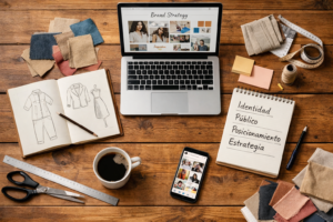 Mesa de trabajo con bocetos, muestras de tejido y ordenador mostrando estrategia para crear una marca de moda sólida y bien posicionada.