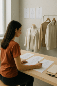 diseñadora de moda trabajando en su taller, creando bocetos para su marca de ropa desde cero