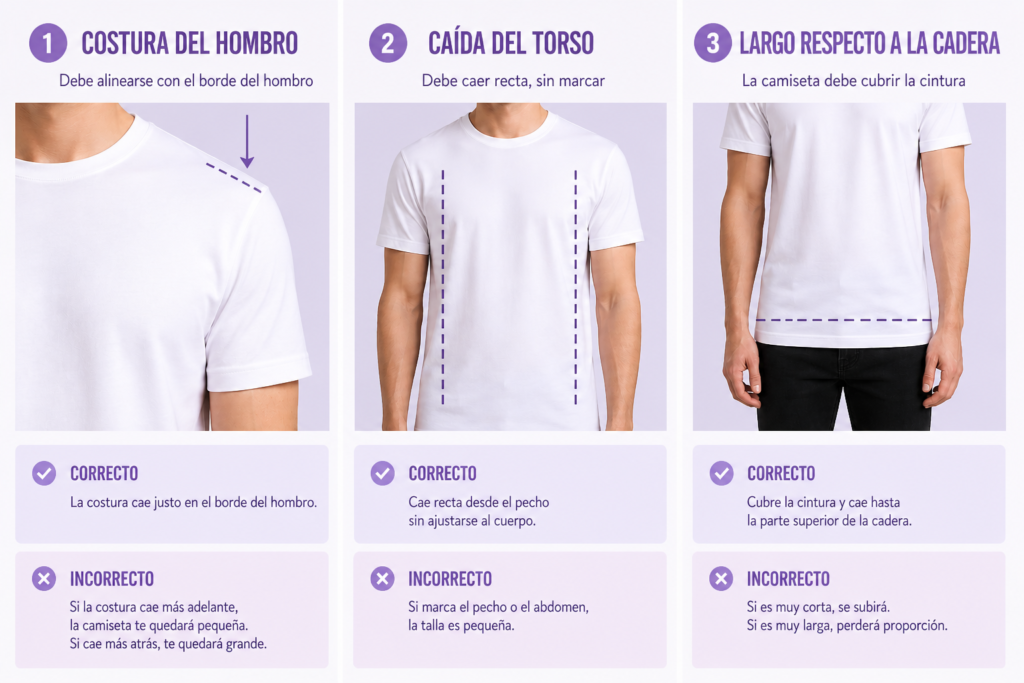 Camiseta básica puesta mostrando los tres criterios de calidad: costura del hombro bien colocada, caída limpia del torso y largo correcto respecto a la cadera
