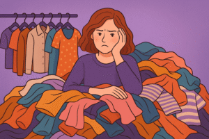 Ilustración de una diseñadora preocupada por la cantidad ideal de producción de ropa en una marca de moda