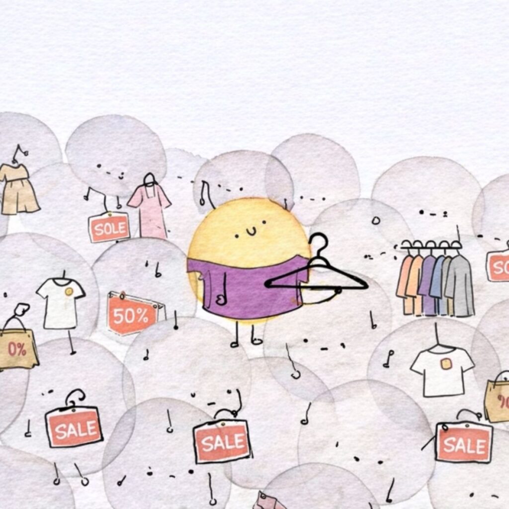 iustración en estilo acuarela de una marca de ropa representada por un círculo amarillo con un detalle morado, sosteniendo una percha, rodeado de otros círculos grises que simbolizan marcas similares con etiquetas de “sale”, descuentos y prendas de vestir. que representa el optimismo