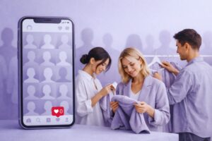 Equipo de marca de moda revisando prendas mientras observan seguidores de Instagram en un móvil, simbolizando el crecimiento real frente a los seguidores falsos.