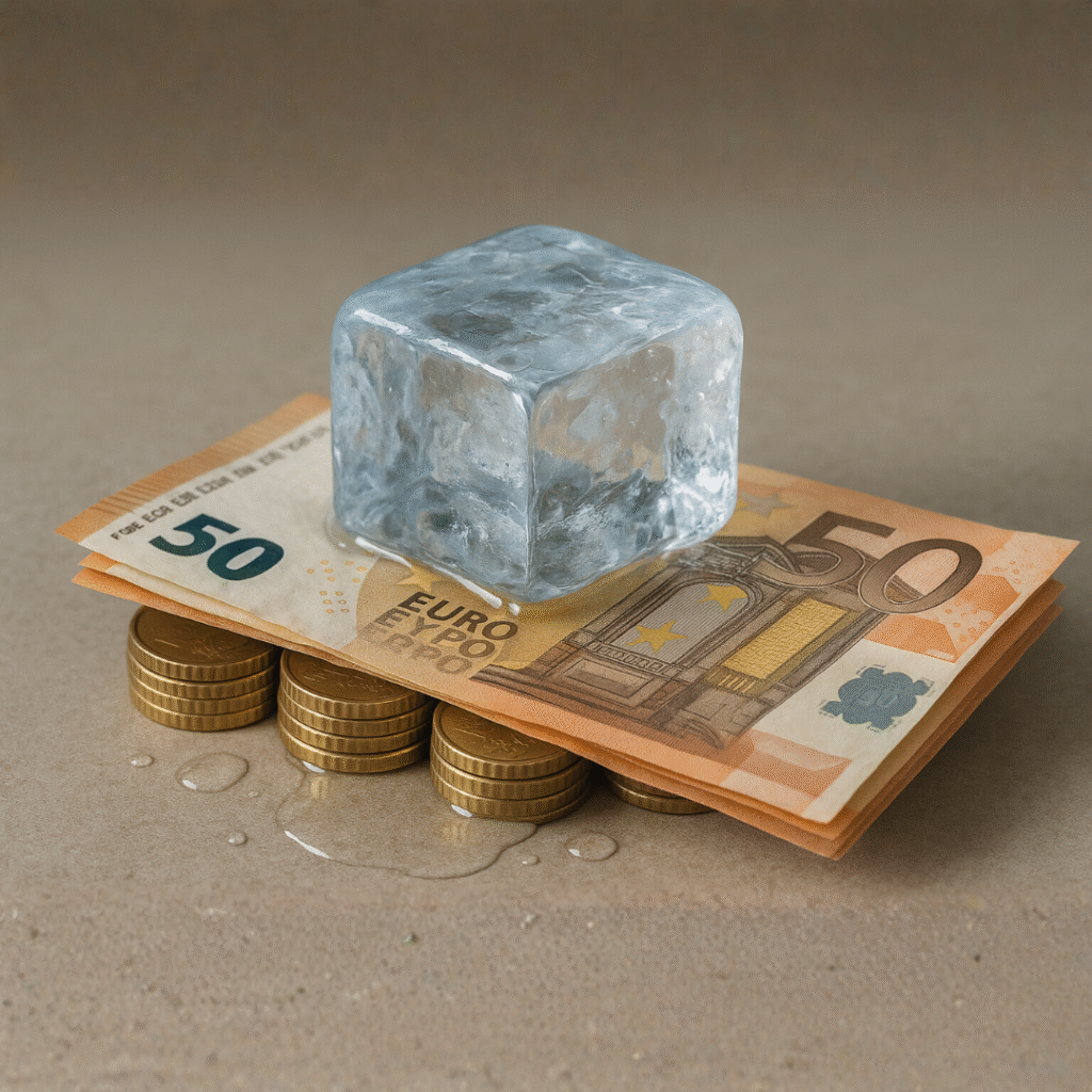 Cubito de hielo derritiéndose sobre monedas y billetes, simbolizando cómo el valor percibido se transforma en ingresos reales con el tiempo.